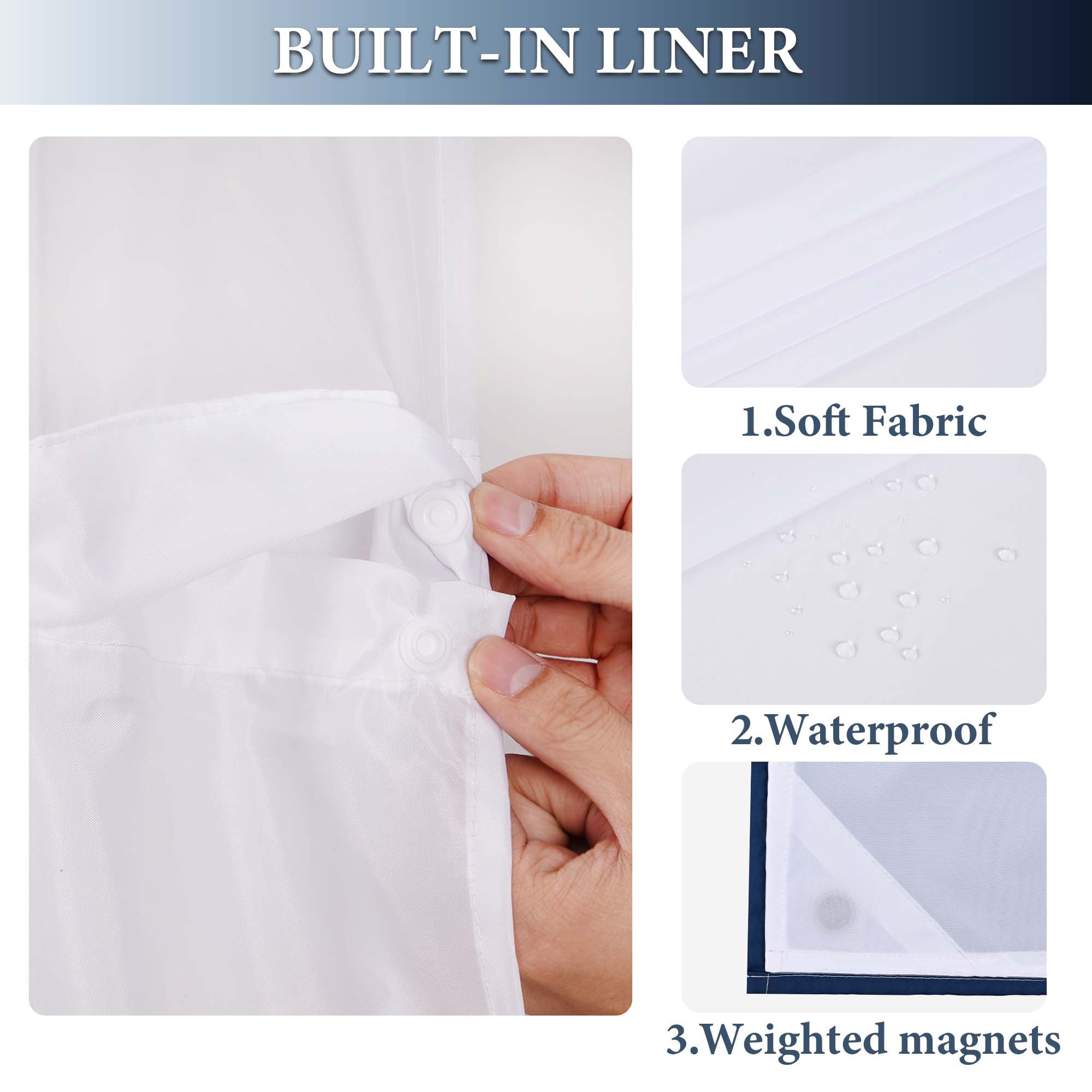 Ikfashoni Hookless Ombre Shower Curtain with Snap in Liner, Navy Gradient No Hook Waterproof Bath Curtain, 71"X74"