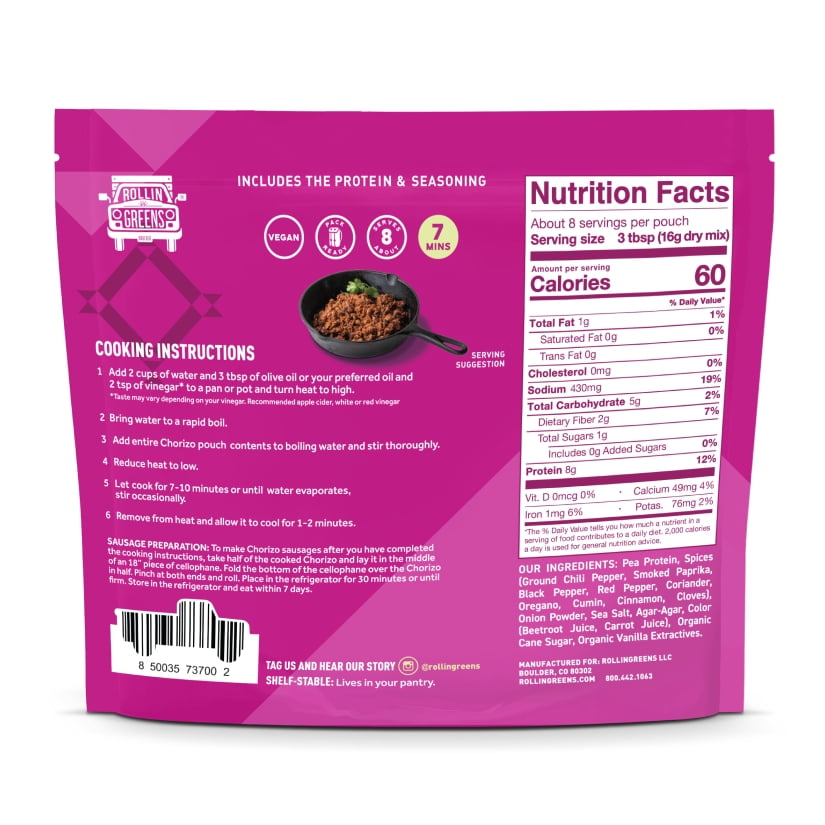 RollinGreens Plant-Based Spicy Chorizo ME'EAT, 4.5 oz Pouch, 1 Count