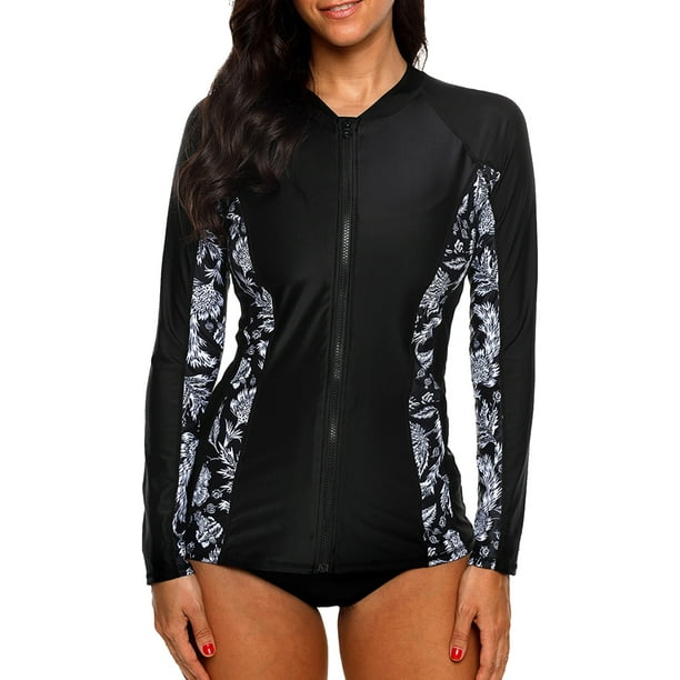 Charmo Women's Zip Front Long Sleeve Rash Guard Top Sun Protection Swim