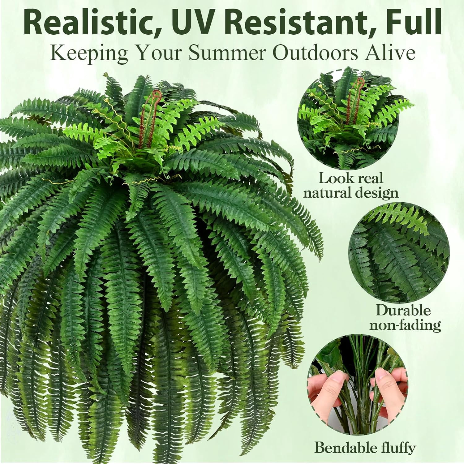 Waipfaru 2 Pack Large Artificial Boston Ferns for Outdoors,UV Resistant 60 inch Lush Faux Ferns with 96 Fronds, Realistic Fake Hanging Plants for Front Porch Planter Patio Garden Decor