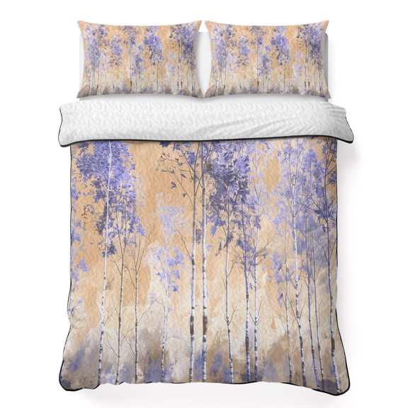 Quilt Sets Twin XL Size Purple Forest Comforter Set Soft Bedspread Coverlet 3 Pieces Plant Oil Painting Brown Quilted Bedding Set with 2 Pillowcases Thin Comforter Bed Cover 68x98 Inch