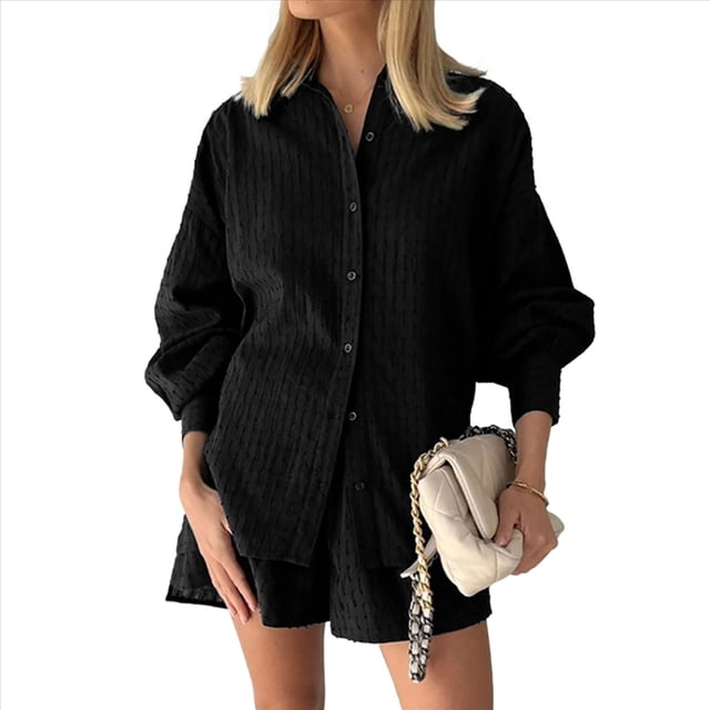Conjunto de Dos Piezas para Mujer: Blusa Holgada de Larga Abullonada y Pantalones Cortos de Cintura Alta con Bolsillos Laterales. Negro M