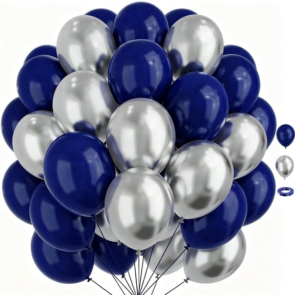 67pcs 12 Inch Navy Blue and Silver Balloons, Blue and Silver Balloons for Birthday, Graduation, Retirement, Anniversary Party Decorations