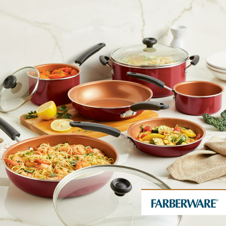 Farberware Easy Clean Pro Aluminum Nonstick Cookware Pots and Pans Set,  14-Piece, Red 