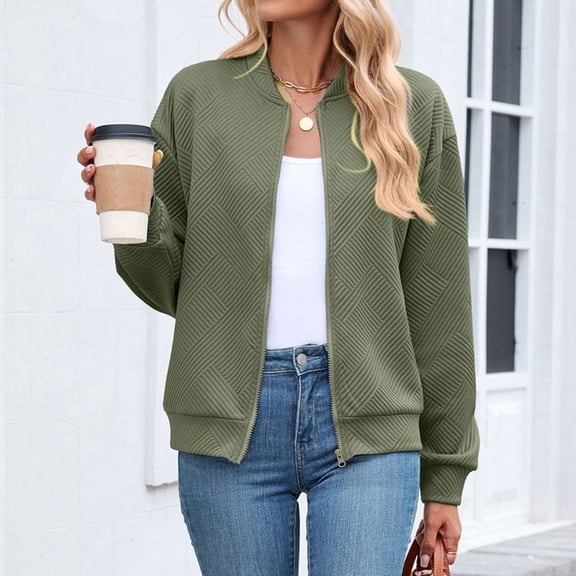 dazeni Womens Casual Outwear Lightwieght Zip up Bomber Jackets Solid Fall Texture Long Sleeve Coat for Daily Army Green Small