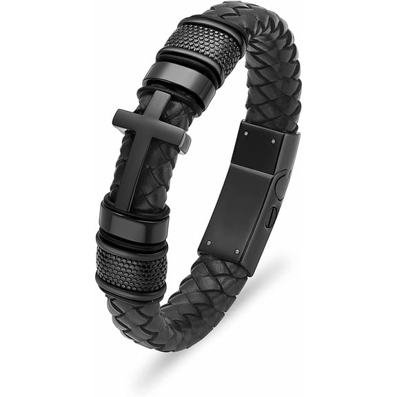 Double-Band Black Braided Leather Bangle Bracelets Cremation Jewelry for Ashes Wristband Memorial Urn Bangle with Cross Charm