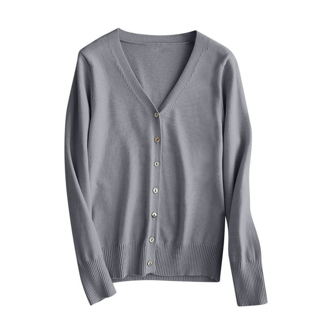 Penkiiy Women's V Neck Button Down Knitwear Long Sleeve Soft Basic Knit Cardigan Sweater 2XL Gray