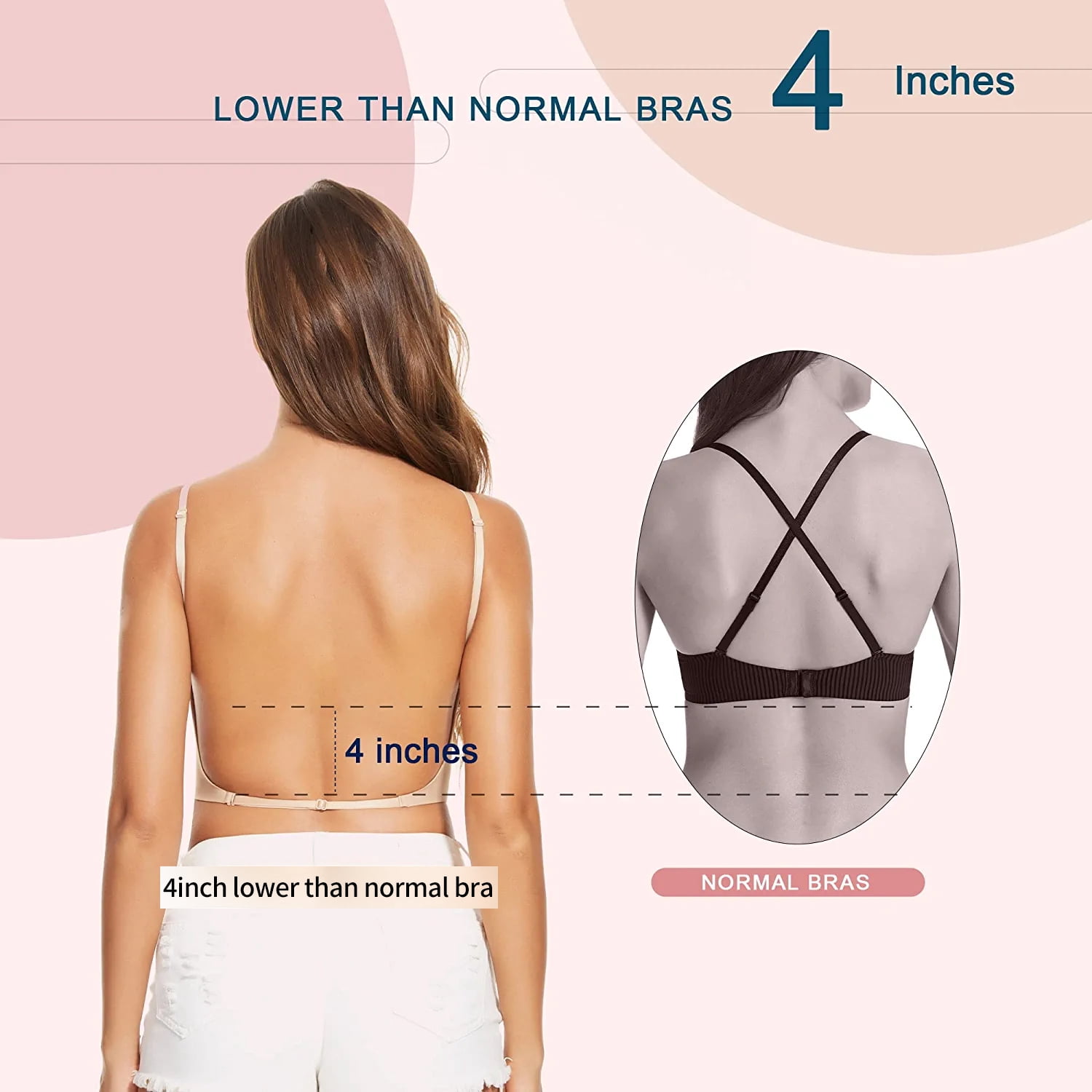 COMFREE Low Back Bras for Women Deep U Plunge Backless Bras Seamless Halter Bras Wire Lifting Low Cut Bra