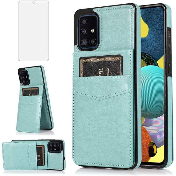 Phone Case for Samsung Galaxy A71 5G with Tempered Glass Screen Protector and Credit Card Holder Wallet Cover Stand Leather Cell Accessories Glaxay A 71 G5 Gaxaly 71A S71 Cases Women Men Green