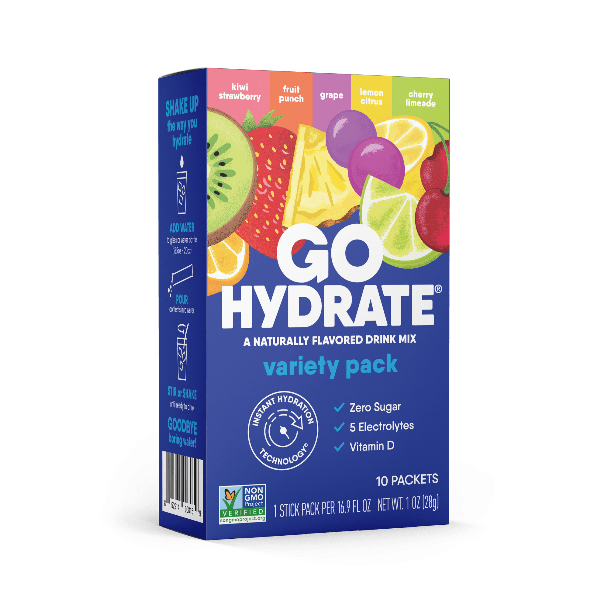 Electrolyte Hydration Drink Mix with Vitamin D, Non GMO Electrolyte Powder Hydration Pack, Mixed Flavors, 10 Hydration Powder Packets - GoHydrate