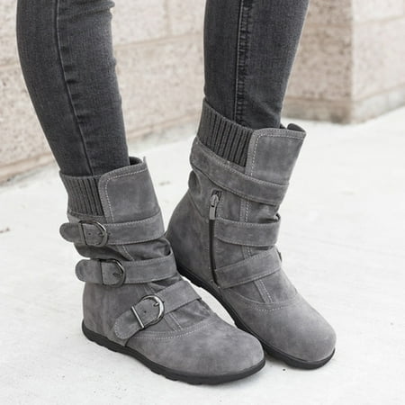 

Boots for women Women Suede Round Toe Zipper Flat Pure Color Buckle Strap Keep Warm Snow Boots