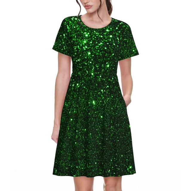 Bixox Robe d'Été à Manches Courtes pour Femmes Robe Ample Longueur Genou avec Poches-Vert Scintillant