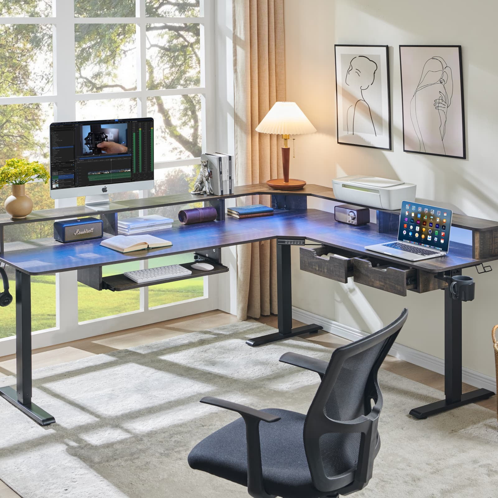KeyWhat 70" L Shaped Standing Desk, Electric Height Adjustable Computer Desk with Shelves & Keyboard Tray & LED Strip & Power Outlets, Dark Rustic Oak