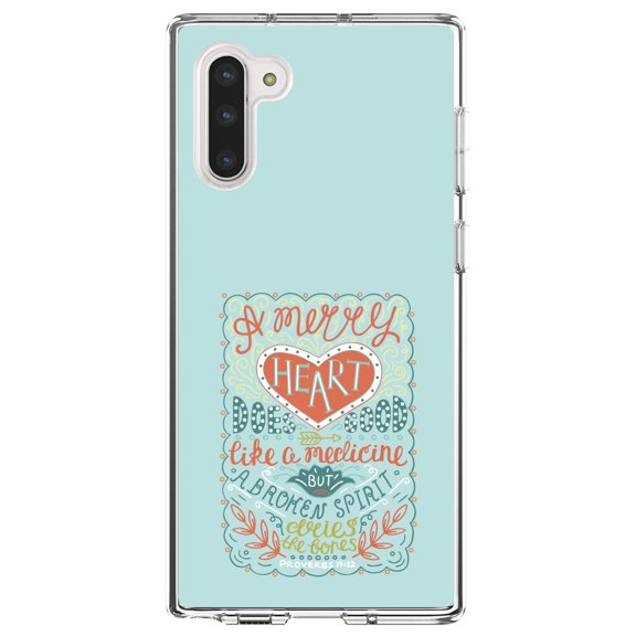 DistinctInk Clear Shockproof Hybrid Case for Samsung Galaxy Note 10 (6.3" Screen) - TPU Bumper, Acrylic Back, Tempered Glass Screen Protector - Proverbs 17:22 - A Merry Heart Does Good