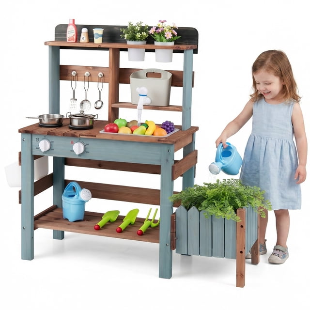 Gymax Outdoor Wooden Mud Kitchen Set Play Kitchen w/ Running Water Faucet Tank Brown & Blue