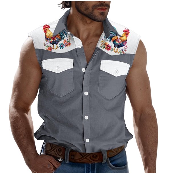 Camisas de Cuello para los Hombres de Moda Casual Imprimir Turndown Cuello sin Mangas Bolsillos Deportivos Tanque, Ligero Top de Verano