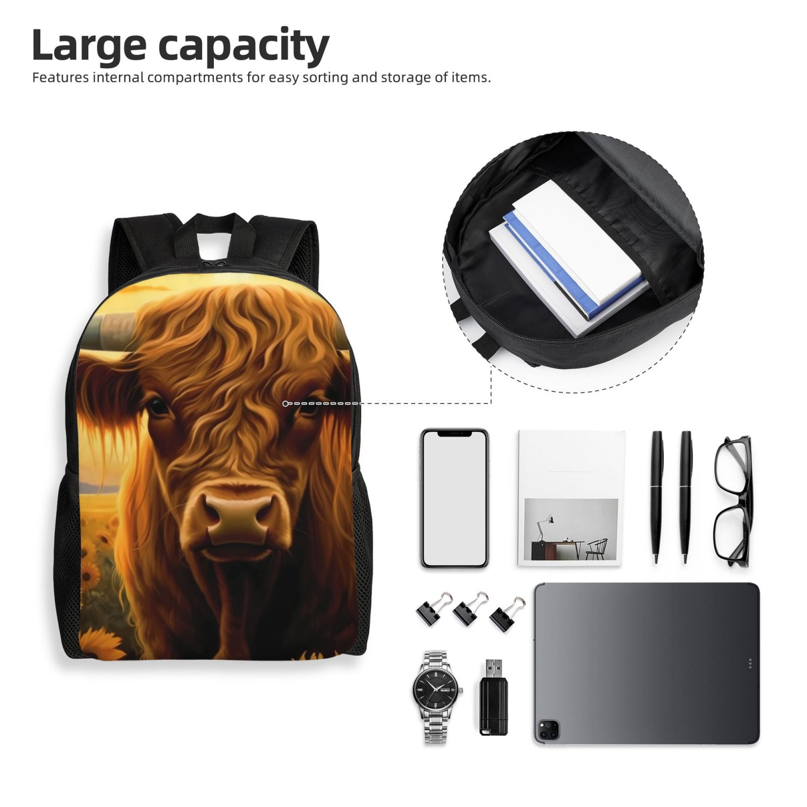 Xecao Sunset Sunflower Cow A Print School Backpack with Laptop Compartment Small Travel Laptop Backpack for Women Men Waterproof College Backpack Simple School Bag
