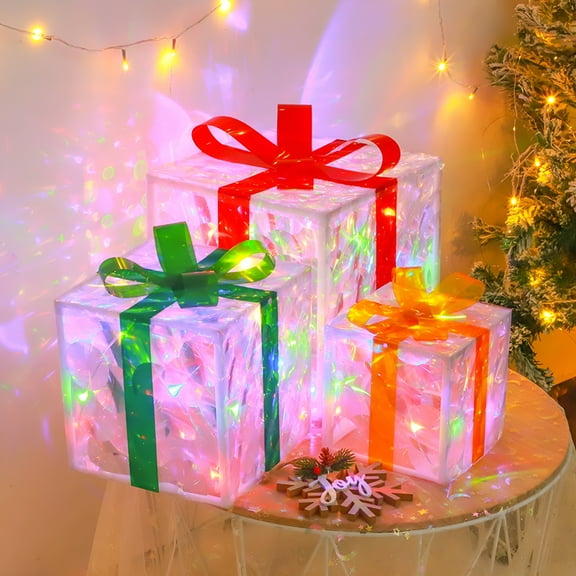 LAMIRO 3 Pack Christmas Lighted Gift Boxes Decor Battery Operated Light Up Gift Box Christmas Decorations Tree Indoor Outdoor Home Xmas Present Box-Pink