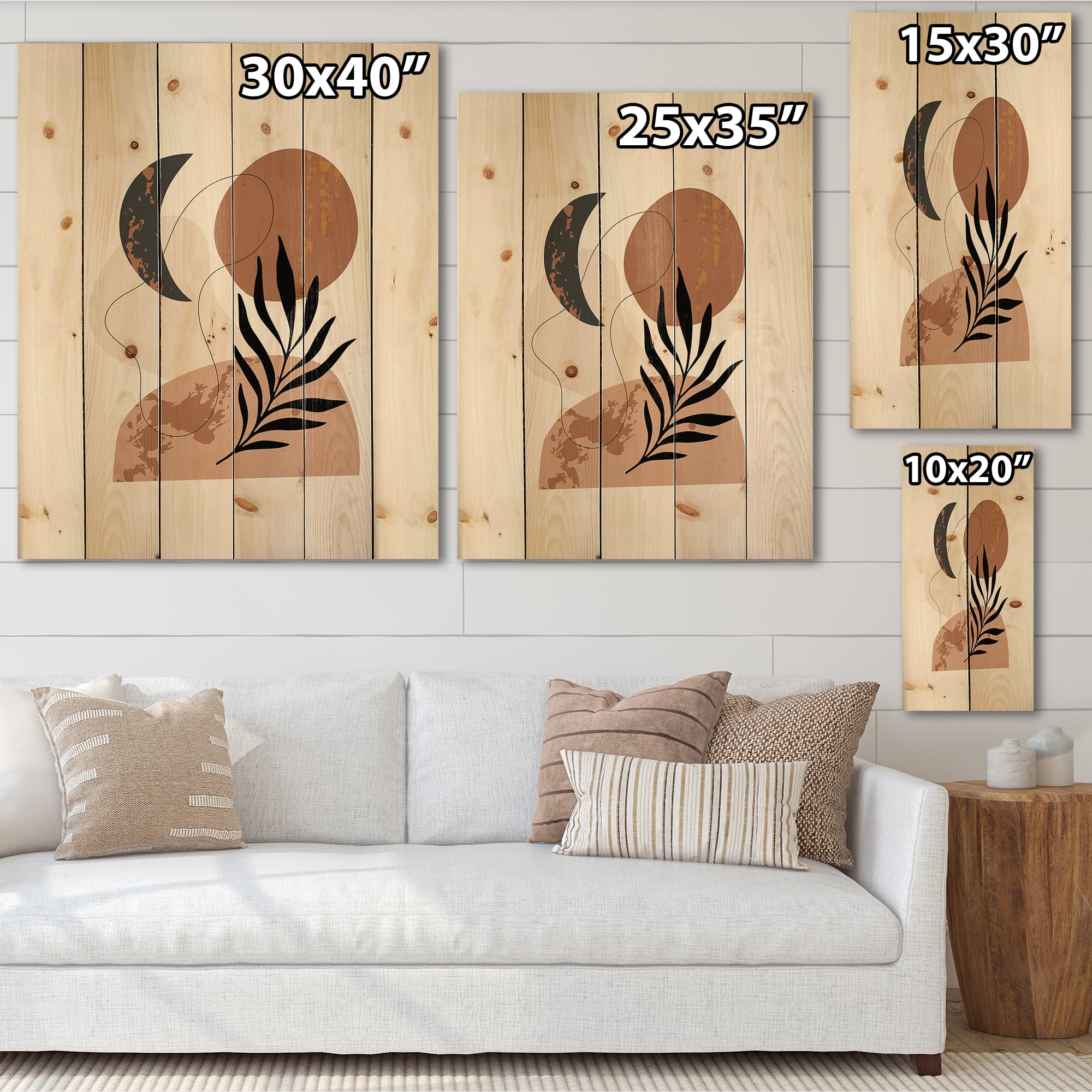 Designart 'Sun and Moon Shapes In Retro Terracotta Tones I' Modern Print on Natural Pine Wood