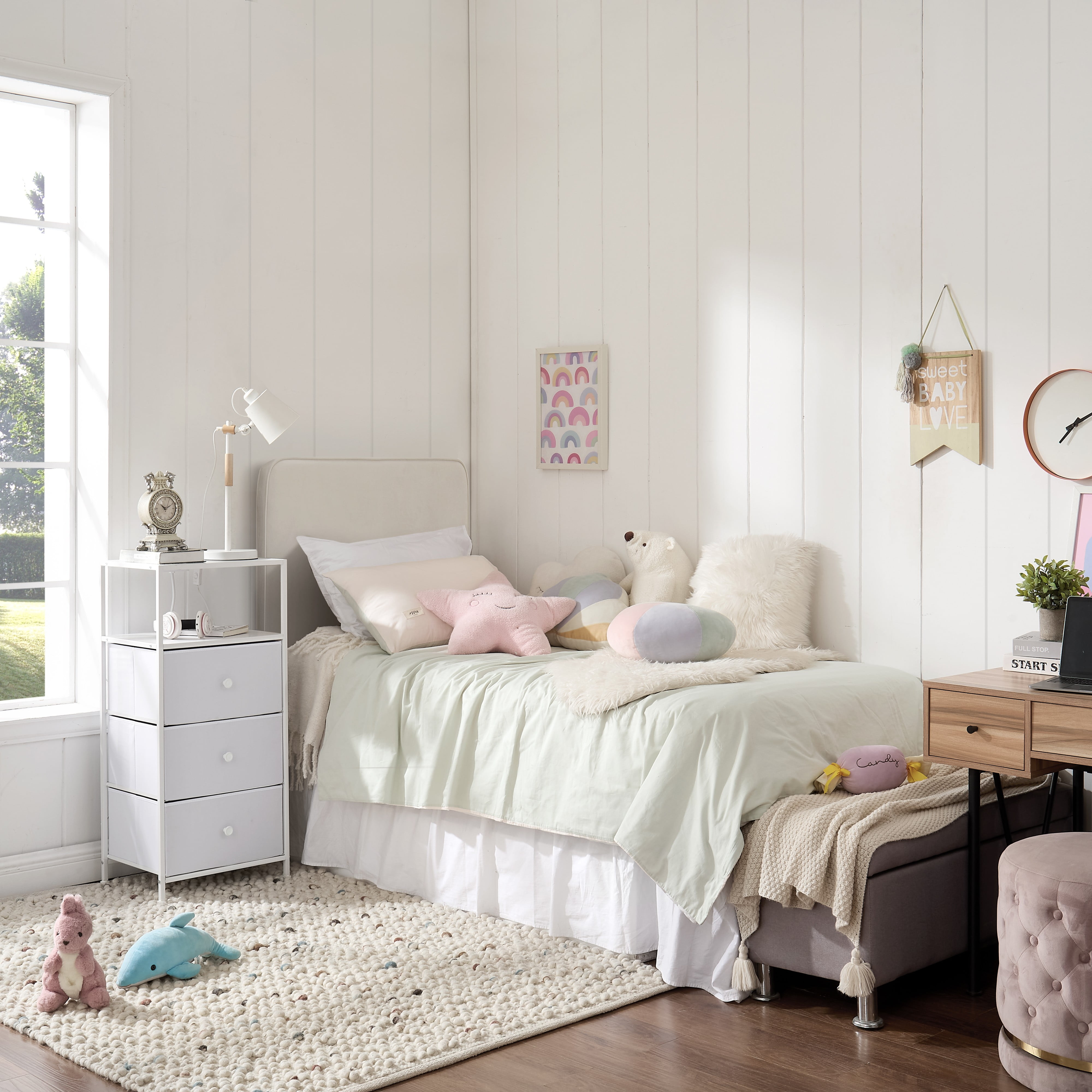 Mainstays 3 Drawer Fabric Nightstand with USB, Arctic White Boucle