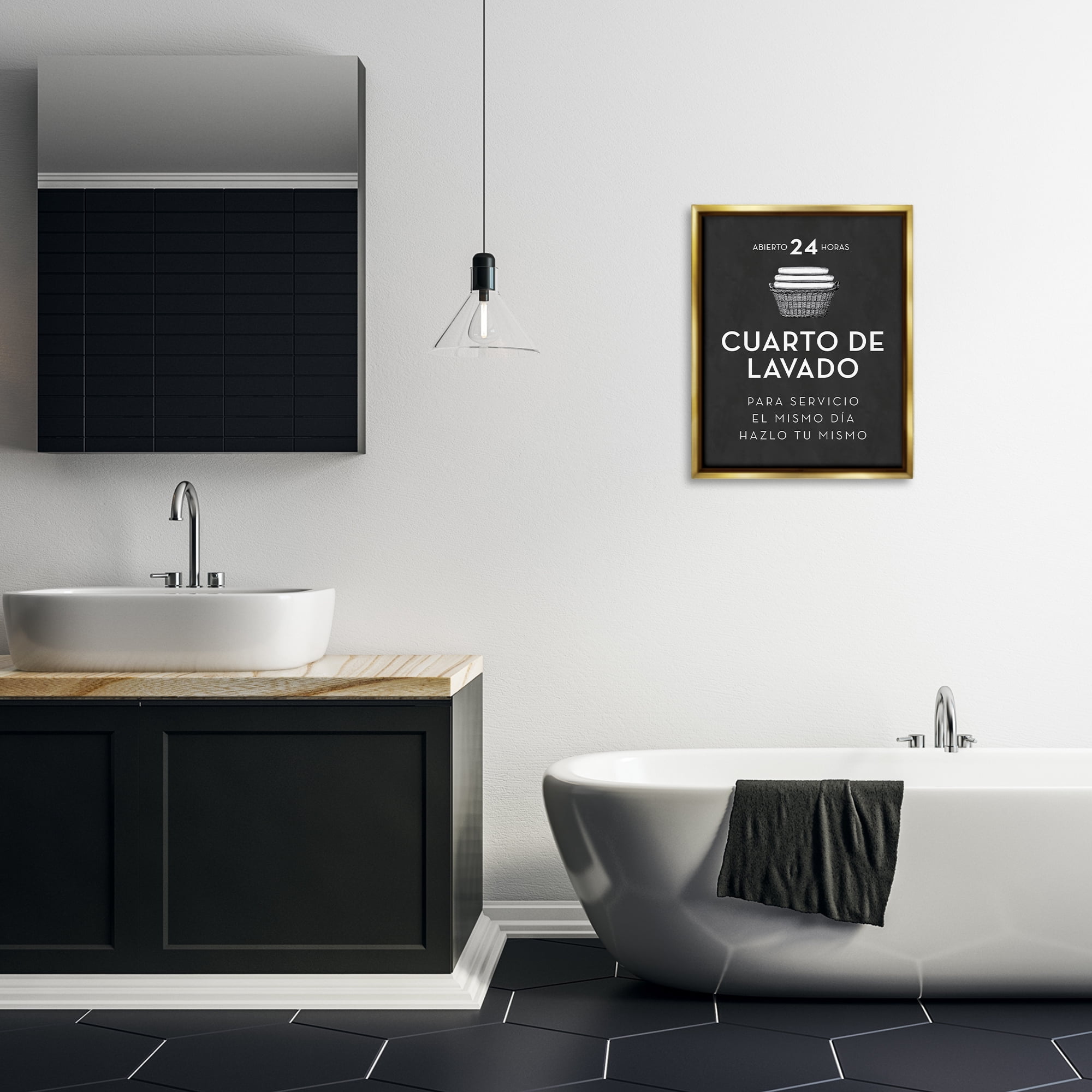 Stupell Industries Publicidad Día de Lavandería, Negro Bath & Laundry Painting Gold Floater Framed Art Print Wall Art, 17 x 21