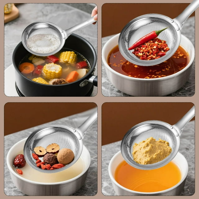 Fine Mesh Stainless Steel Colander Colander Filter Stainless Steel Upgrade Spoon With Long Handle For Cooking Frying Baking And Grease Filtering Rubber Stopper And Strainer Strainer Bowl Screens 1/2