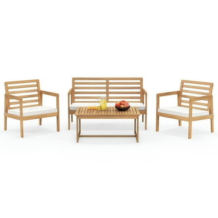 Kepooman Outdoor Conversation Sets,Patio Furniture Sets,4 Piece Wood Patio Conversation Set with 2 Armchairs and Coffee Table-White