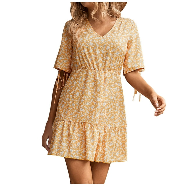 Robes d'Été pour Femmes Plage Aguichant Imprimé Manches Courtes Col en V Boho Mini Robes Décontractées d'Été pour Femmes
