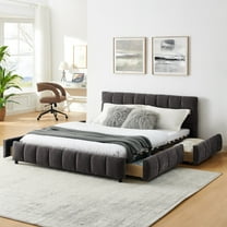 Newest Queen Size Platform Bed with Storage Drawers & Soft Chenille Fabric, Low Profile Floor Bed for Master/Guest Rooms, Thick Headboard, No Box Spring, Dark Gray
