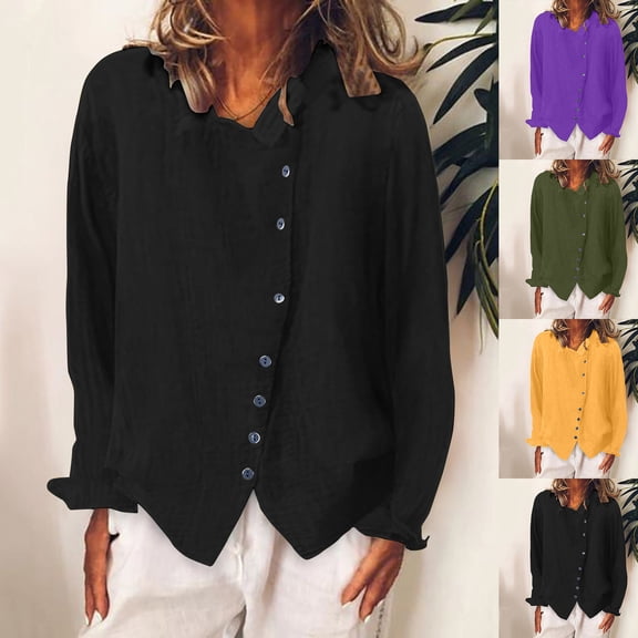 Fall Saving! HVOBTTY Women's Long Sleeved Pullover T Shirts, Fall Tops for Women, Women's Casual Solid Color Crew Neck Linen Button Down Tees Shirts Army Green, M
