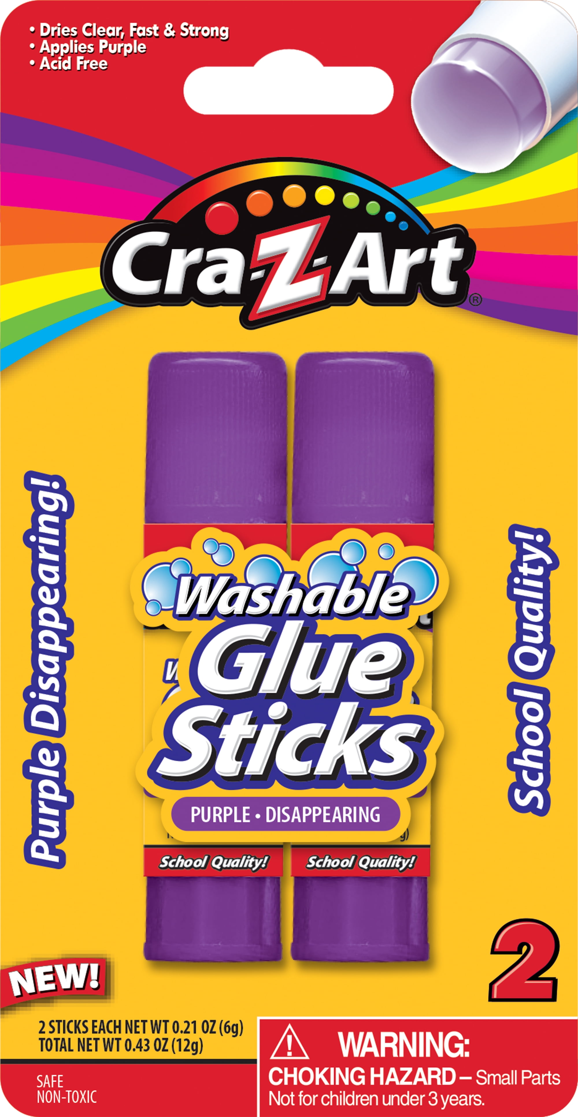 CraZArt Washable Glue Sticks, Disappearing Purple, 2 Count Walmart