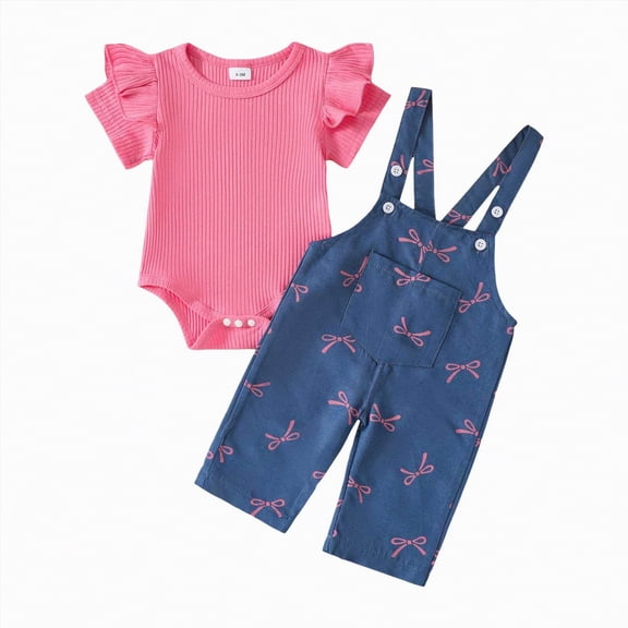 TOWED22 Newborn Infant Baby Girl Summer Clothes Ruffle Sleeve Letter Print Romper Peach Bloomer Short Headband 3Pcs Outfit Hot Pink,3-6 M