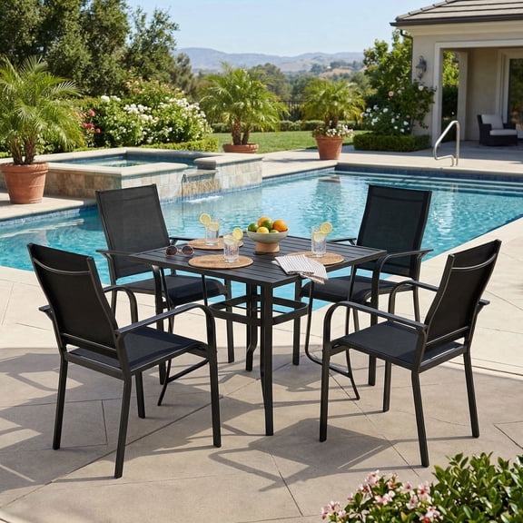 Resenkos 5 Piece Patio Dining Set for 4 People, Square Table with Umbrella Hole and Stackable Chairs for Yard, Black