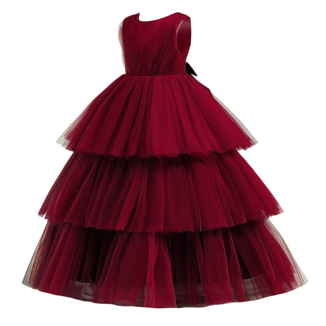 PMVFHDE Robe Tutu Fille à Volants Manches Bouffantes en Maille Robe de Princesse Robe de Fête, Rouge, 10-12 Ans