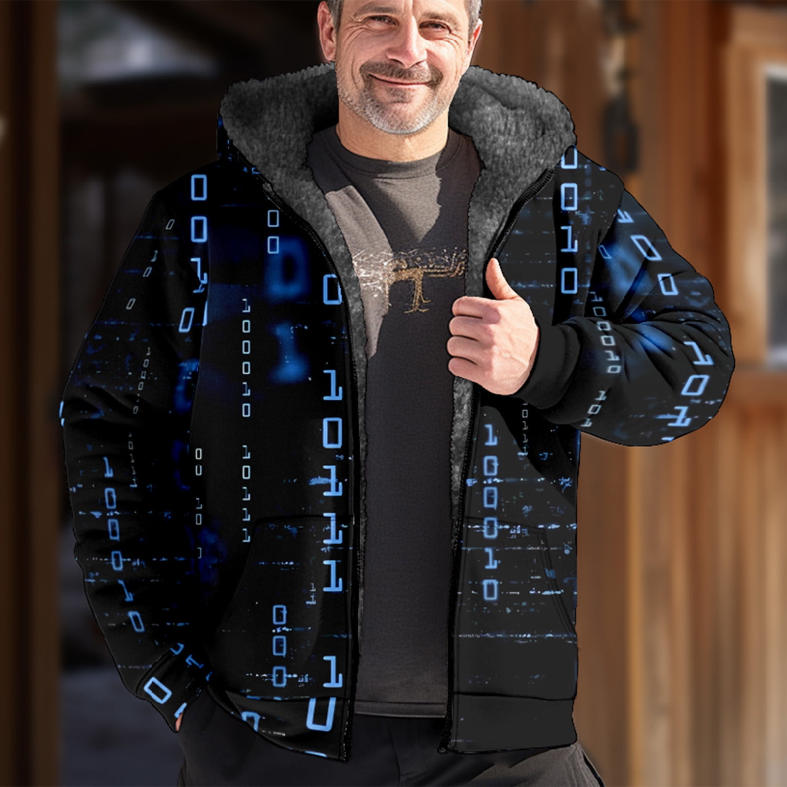 VSSSJ Men's Thick Fleece Jackets Oversized Fit 3D Digital Print Long Sleeve  Zip Up Hooded Coats with Pocket Casual Winter Thermal Plush Coat Dark Blue