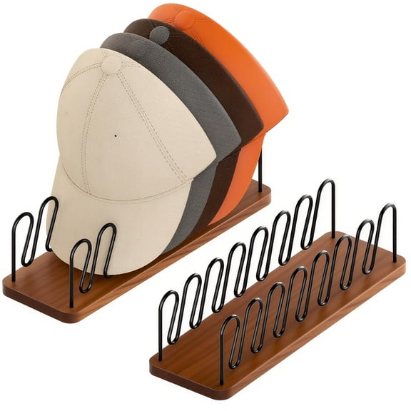 Hat Organizer -2 PacK | Wood & Metal Hat Rack Holds 14 Caps | Space-Saving Closet Shelf Organizer for Bedroom, Dresser, Entryway