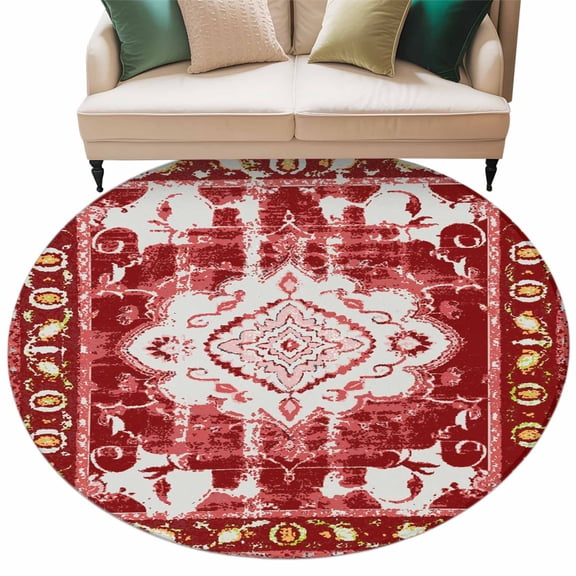 Round Rugs 8 Ft, Red Boho Non Slip Area Rugs for Kitchen Bedroom Entryway, Multicolored Colorful Tainted Pattern Tribal Washable Carpet Runner Rug Floor Mats for Bedroom Home Decor