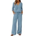 thumbnail image 4 of Lekode Womens Linen Set Boho Summer Pajamas Beach Vacation Outfits V Neck Blouses V Neck Two Piece Sets for Women Solid Blouses Tops Roll-up Sleeve Top Linen Pants Set Gauze Capri Set Blue L, 4 of 7