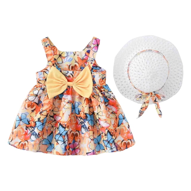 Robes pour Tout-Petits Robe Tutu Sans Manches pour Bébé Fille Robe d'Été pour Fille avec Chapeaux Ensemble 2 Pcs pour Tout-Petits Filles 3-4 Ans