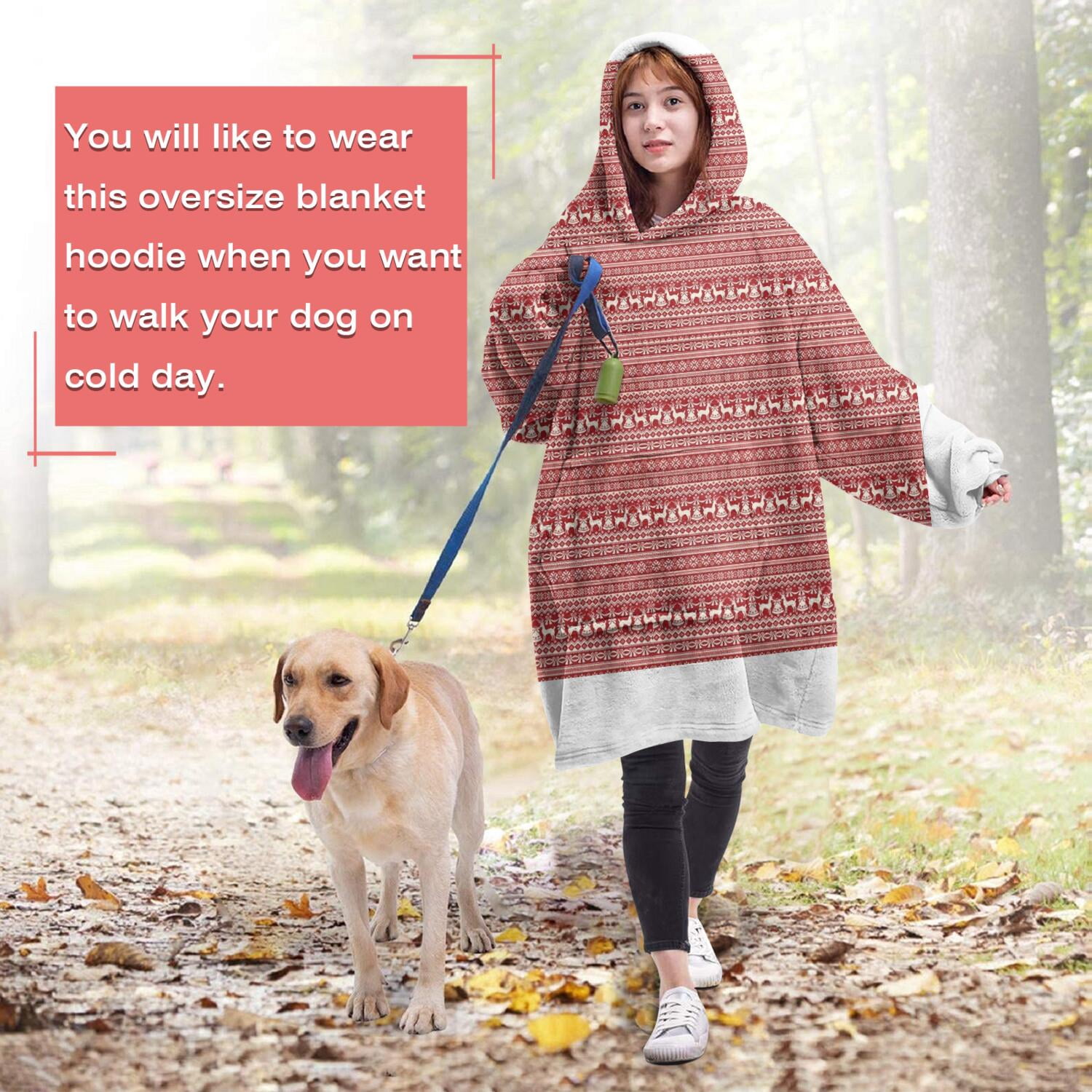 Wearable Oversized Blanket,Red Christmas Folk Pattern Wearable Blanket Hoodie for Adults,Cozy Hooded Blankets with Super Pockets,Super Warm Fuzzy Pullover for Women & Men