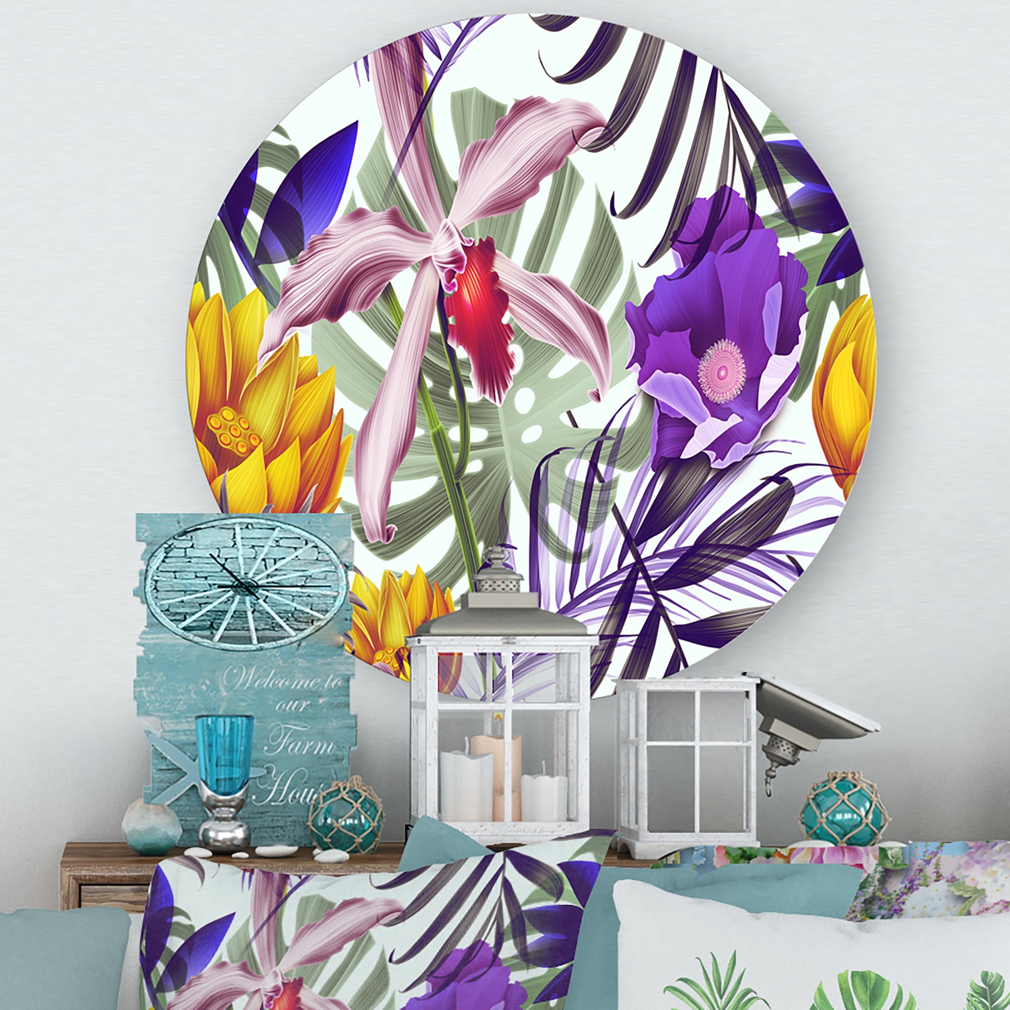Designart 'VIntage Tropical Flowers IX' Traditional Circle Metal Wall Art 11x11 - Disc of 11