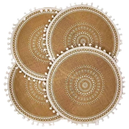 

Round Placemats Set of 4 Boho Woven Jute Table Mats with Pompom Tassel for Dining Room Kitchen Table Decor(White Ball)