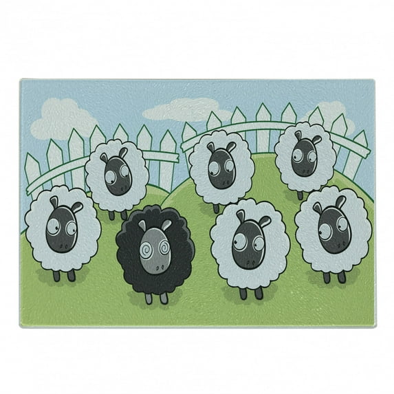 Cartoon Cutting Board, Composition of Farm Animals Dark Color Sheep Surrounded by White Sheep Pattern, Decorative Tempered Glass Cutting and Serving Board, in 3 Sizes, by Ambesonne