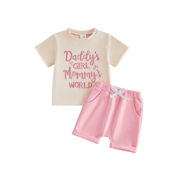 BemeyourBBs Toddler Baby Girl Summer Outfit Baby Girl Daddy's Girl Mommy's World Clothes 3 6 12 18 24 Months 2 3Years Letter Short Sleeve T Shirt Tops and Pockets Shorts 2 Pcs Set