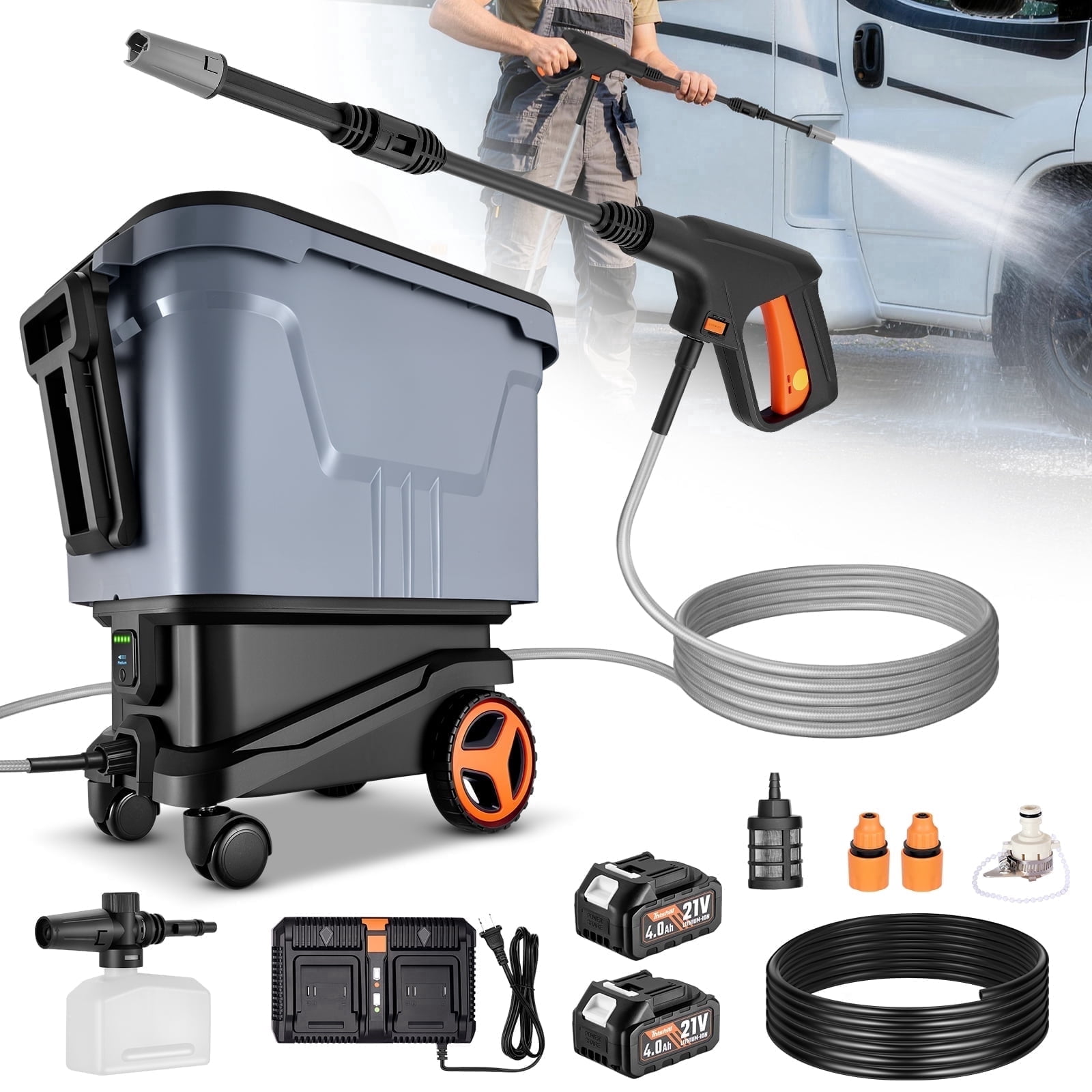 SPEEDWOW 2000PSI Cordless Pressure Washer, Battery Powered Portable Power Washer with 3 Modes of Water Supply, 0°-180° Swivel Joint, 7.2 Gallon Tank & Wheels for Car/Fences/Driveway/Home/Patio Cleani