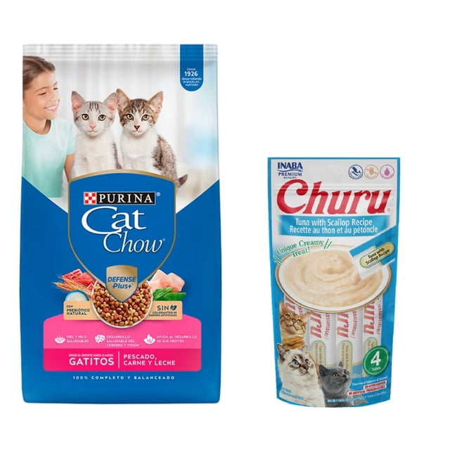 Cat Chow Gatitos Pescado Carne y Leche Defense Plus 7.5 kg + Churu Atún con Vieira Sobre con 4 Tubos de 14 g