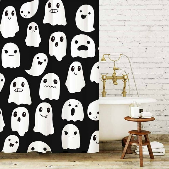 Halloween Ghost Shower Curtain, Spooky Cute Funny Cartoon Ghosts Icons Black and White Waterproof Fabric Boy Trick or Treat Bathroom Shower Curtain with Hooks 60"W x 72"L (Pack of 1)