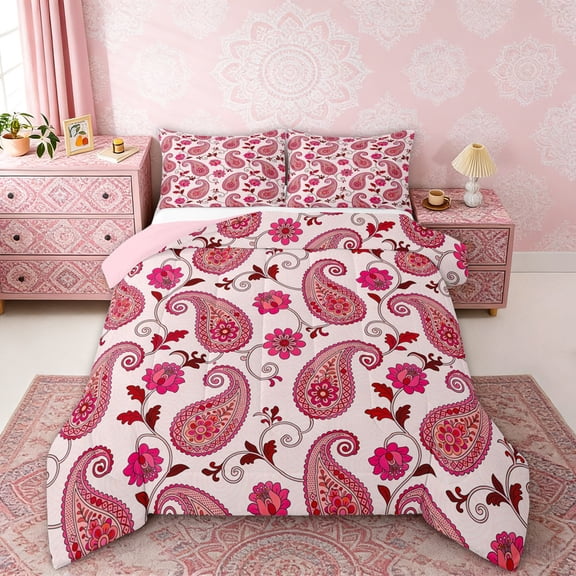 Erosebridal Girls Paisley Full Size Comforter Sets, Pink Vintage Flower Bedding Sets, Pink Reversible 3-Piece, 1 Comforter and 2 Pillowcases