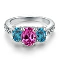 thumbnail image 3 of Gem Stone King 925 Sterling Silver Pink Created Sapphire and London Blue Topaz Filigree Style 3 Stone Ring for Women (2.85 Cttw, Oval 8X6MM and 6X4MM) (Size 7), 3 of 6