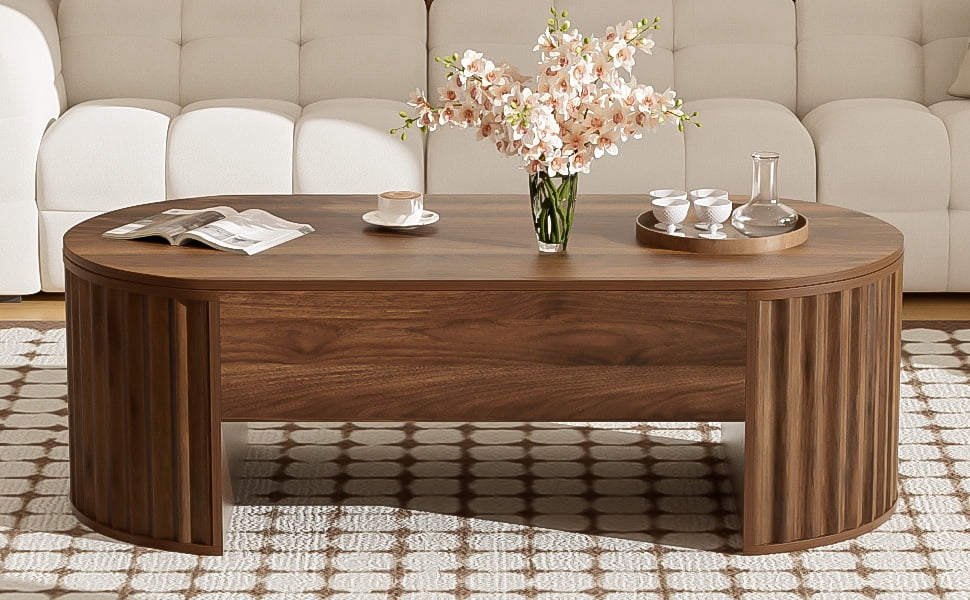 Euroco Lift-Top Coffee Table with Hidden Storage, Hydraulic Mechanism, Wavy Groove Design, Scratch-Resistant MDF Wood Finish